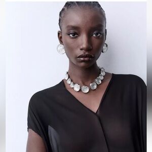 Zara 2pc Earrings and Necklace Set Resin Metallic Silver NWT